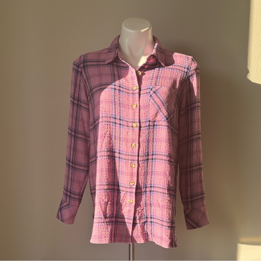 J. Jill Pink and Blue Checkered Button Down Shirt